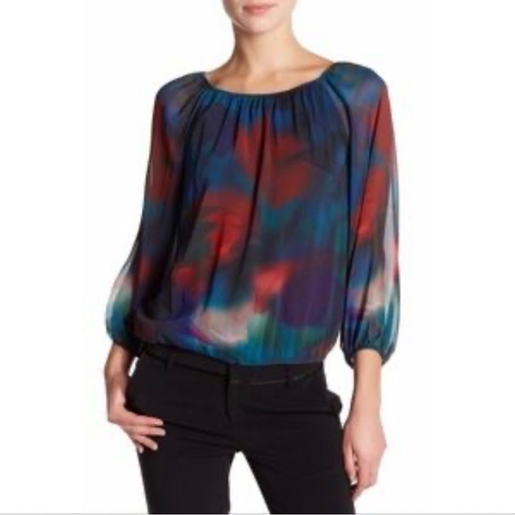 Alice + Olivia Blue and Red Ruffled 3/4 Sleeve Blouse - Picture 1 of 7